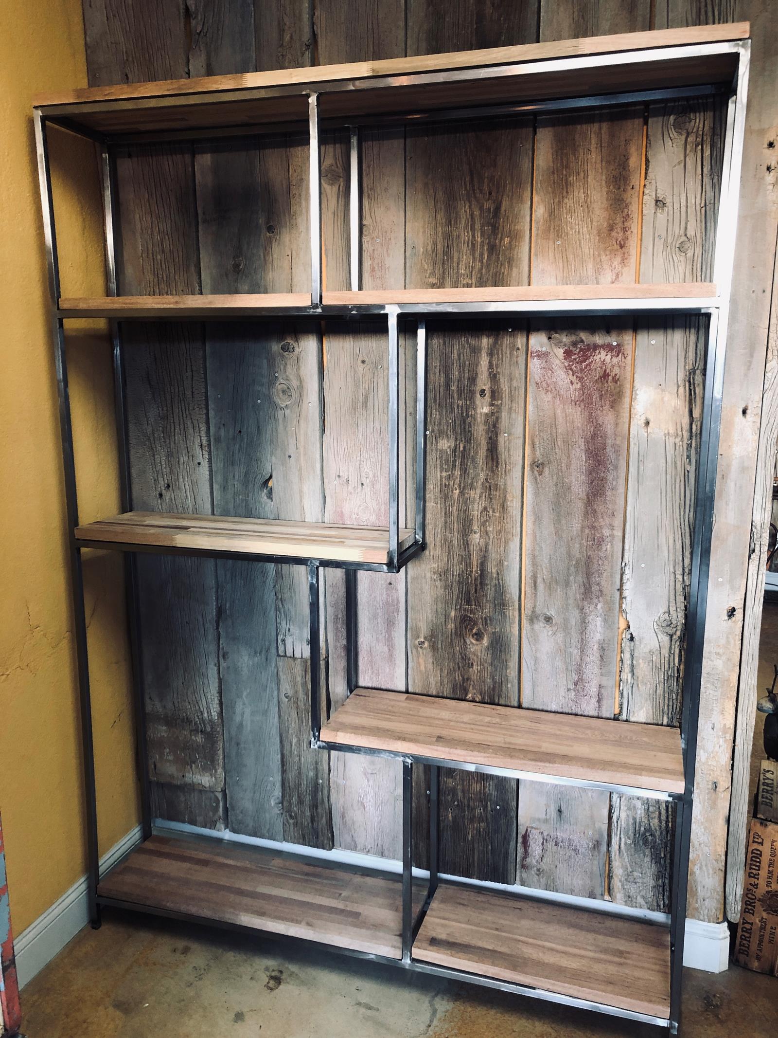 8ft x 5ft industrial shelf w tropical hardwood shelving . 1789.00