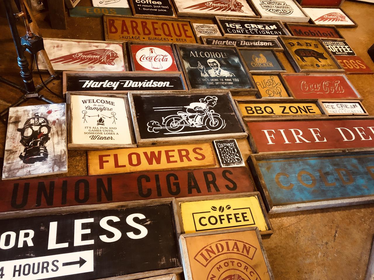 Handmade mania with locally made vintage signs. Each piece is so re mindful of yesteryear.<br/>