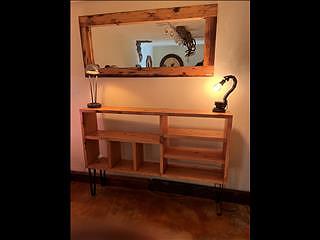 Recycled barn wood mirror and media console 