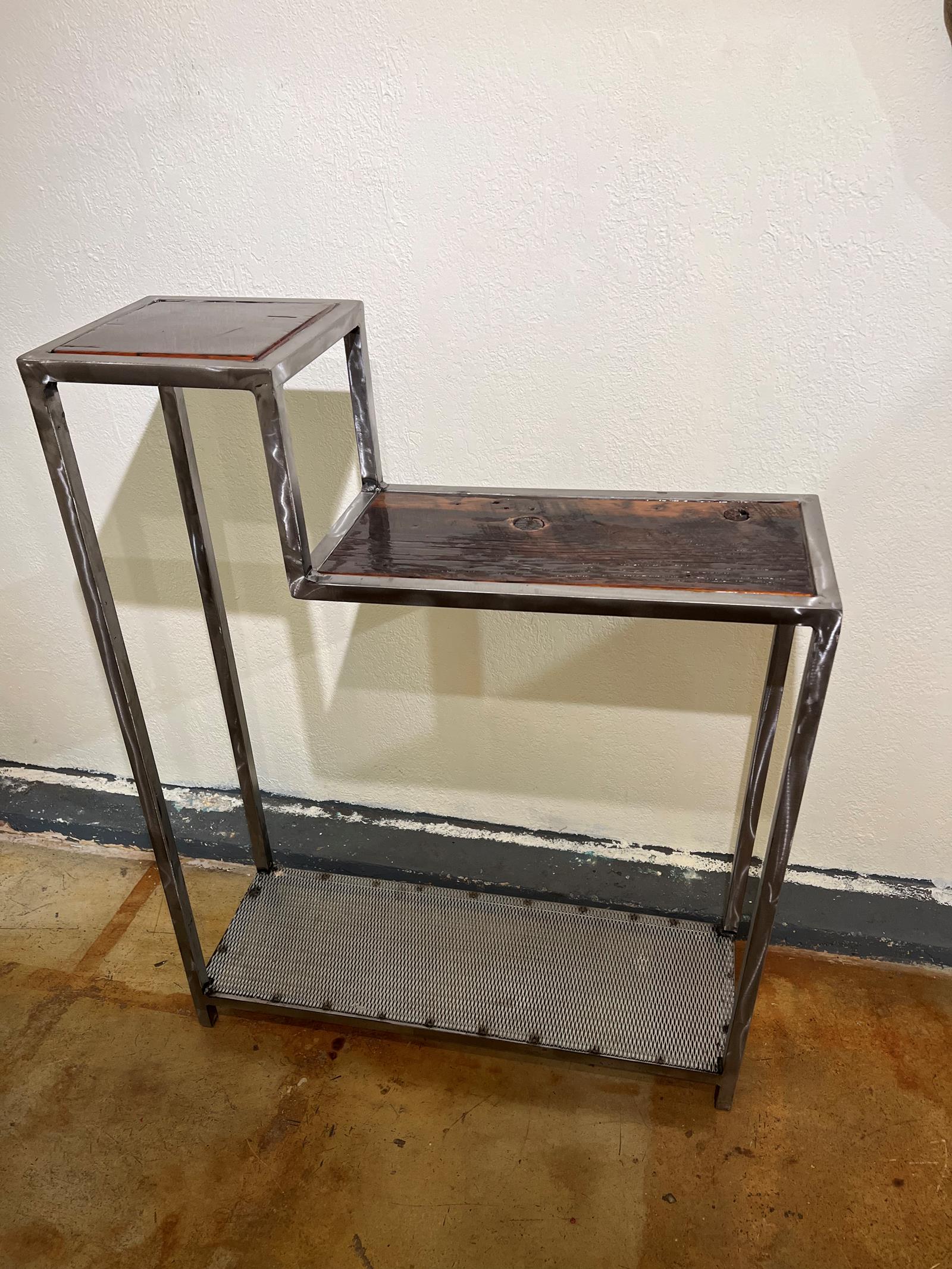 Rustic industrial, metal shelf, wooden top, w matching mini table 0