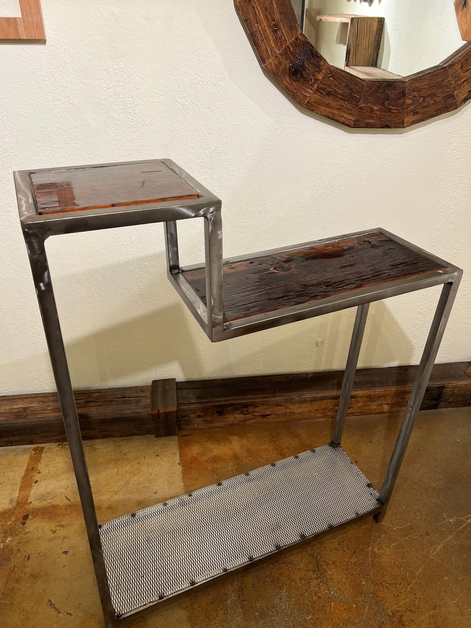 Rustic industrial, metal shelf, wooden top, w matching mini table 2