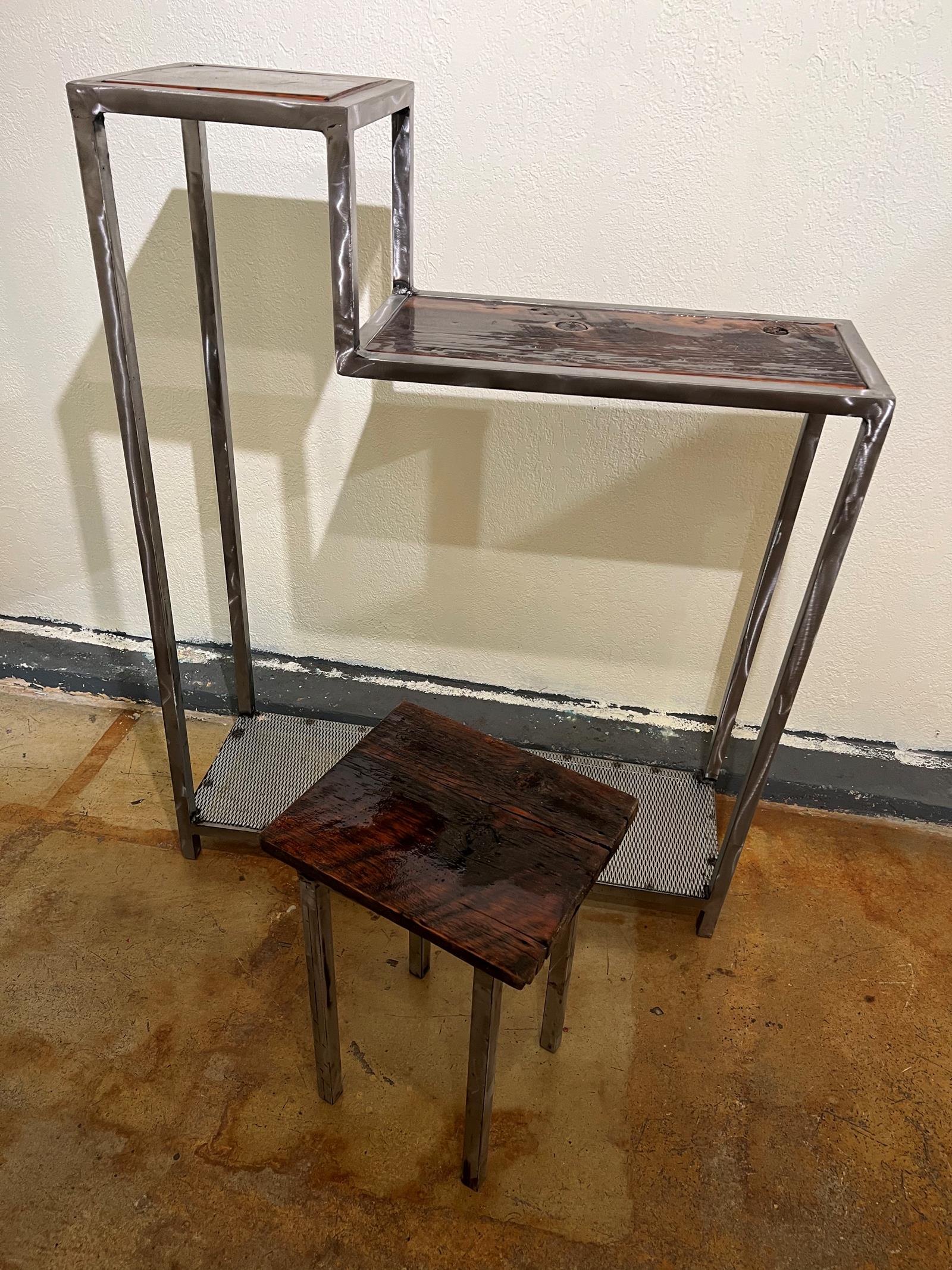 Rustic industrial, metal shelf, wooden top, w matching mini table 3
